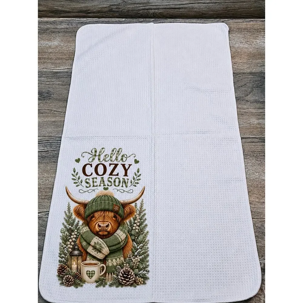Highland Cow Winter Kitchen Towel Hello Cozy Season Farmhouse Decor